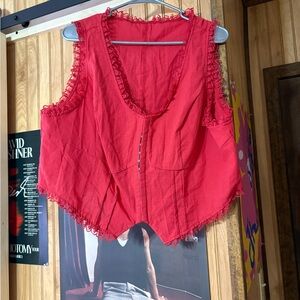 SHEIN Red V-Neck Tank Top with Lace Edges